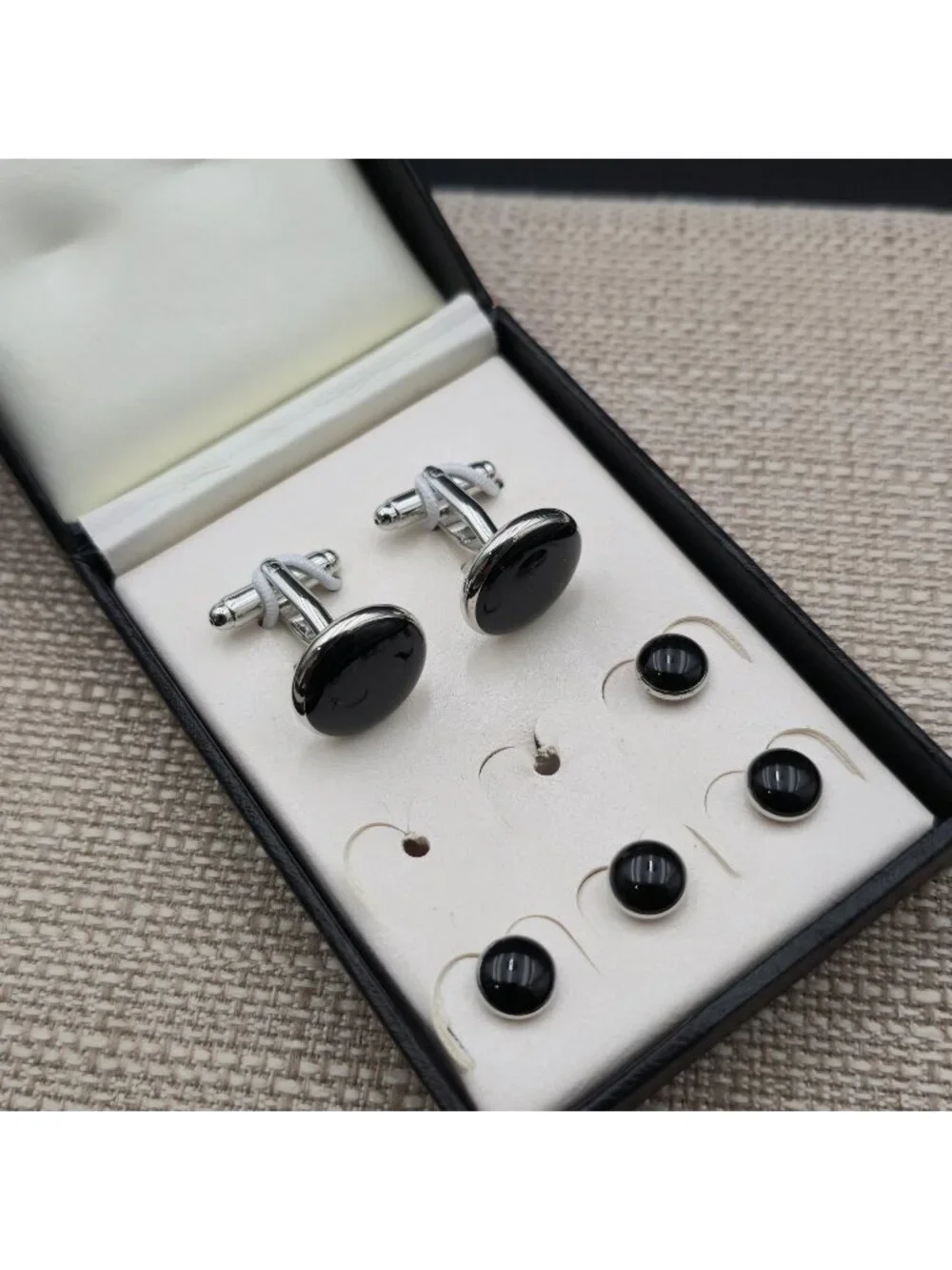 Classic Black Onyx Tuxedo Cufflinks and Studs Set with Silver Trim B1326